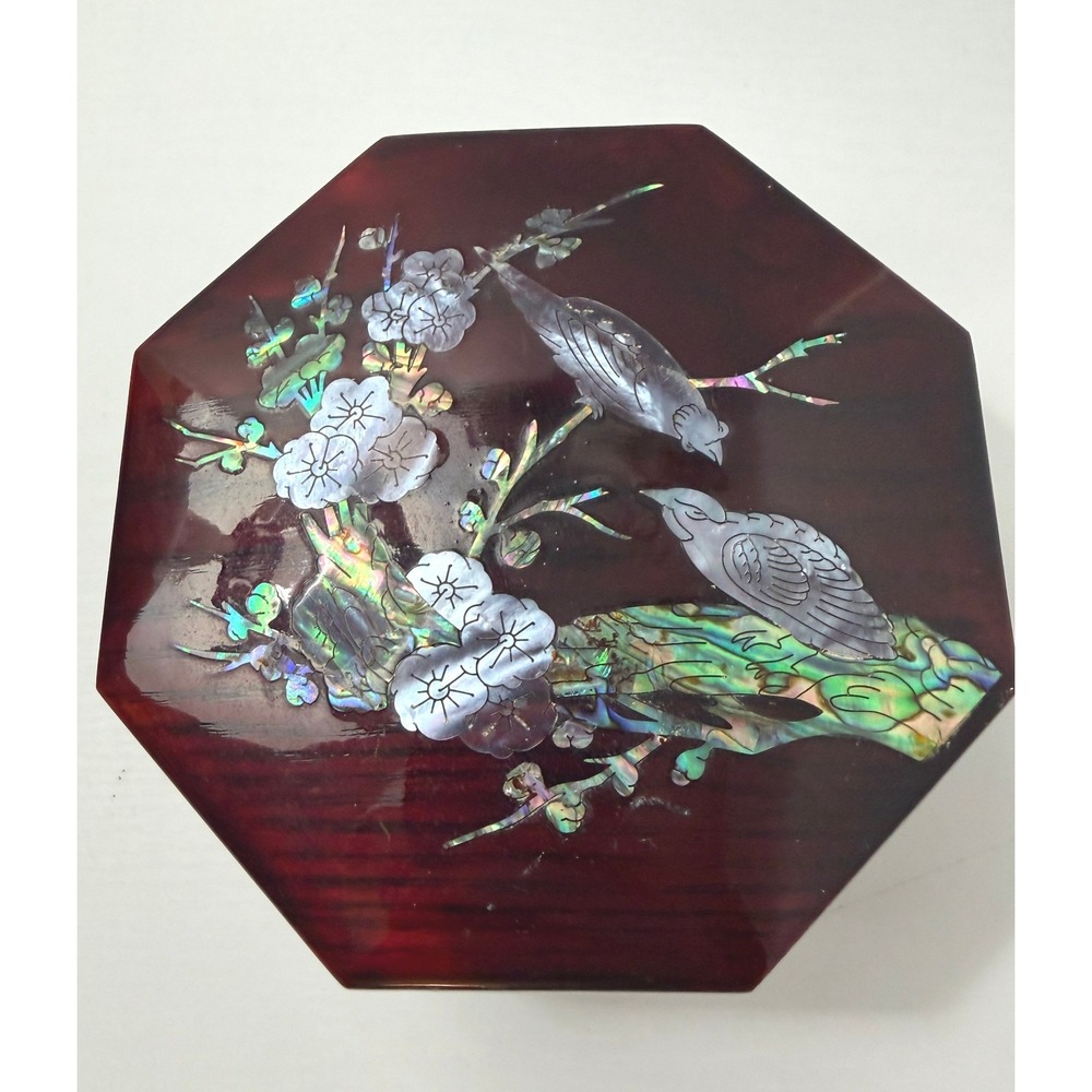 Vintage Lacquer Trinket Box MOP Mother of Pearl Bird Cherry Blossom Najeonchilgi
